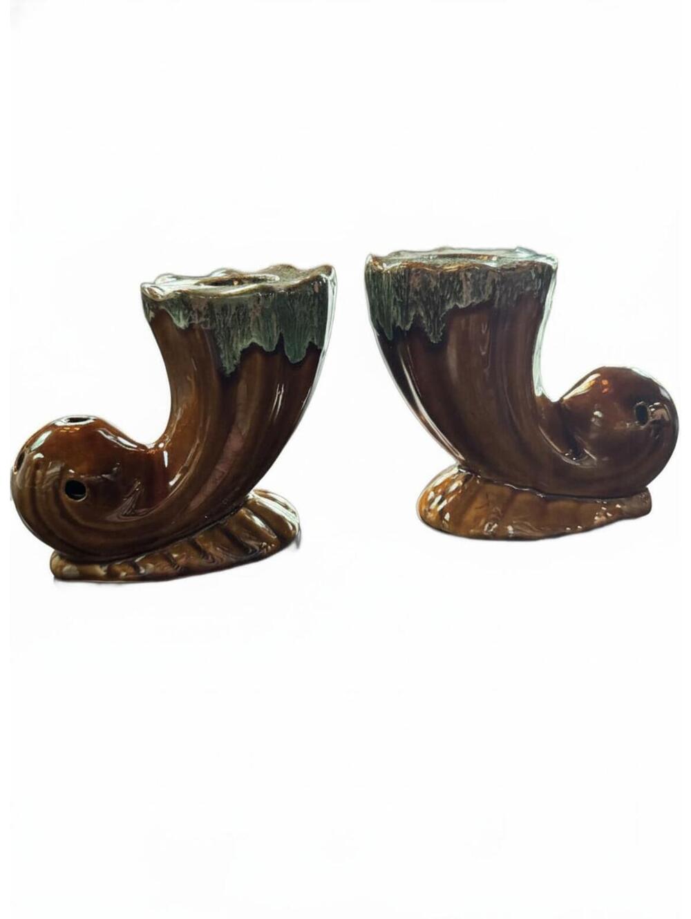 Vintage Anna Van Briggle Drip Glaze Cornucopia Candlestick Holders - Pair